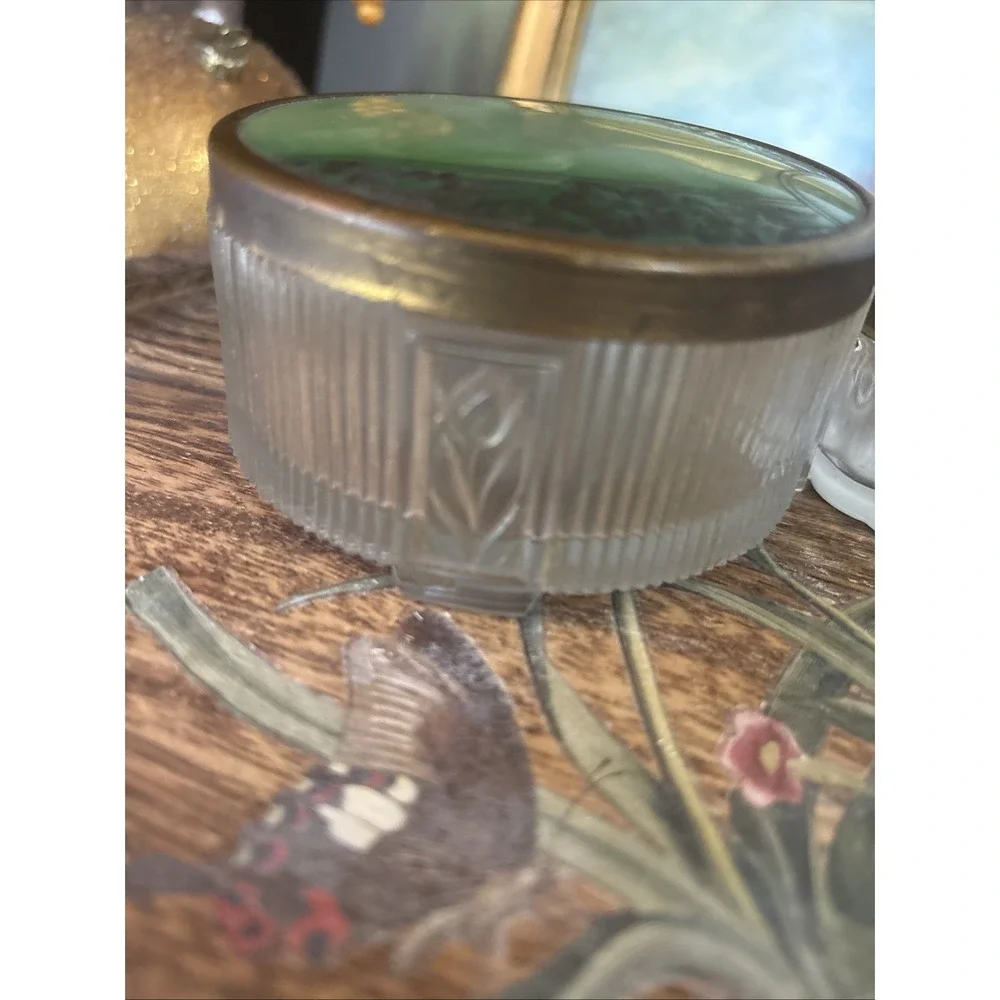 Vtg 2pc Art Deco Glass Vanity Jar Set w/ Floral Celluloid Lids 1940s/50s